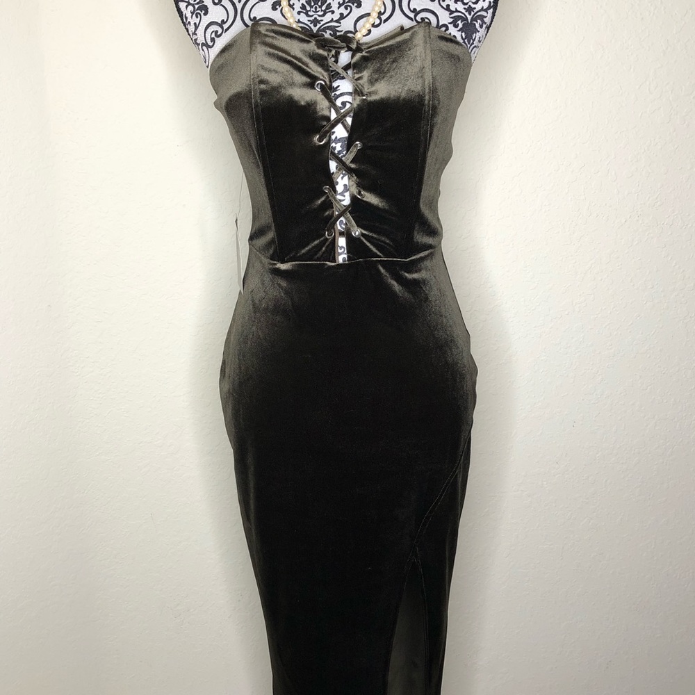 Olive Strapless Lace Up Midi Dress